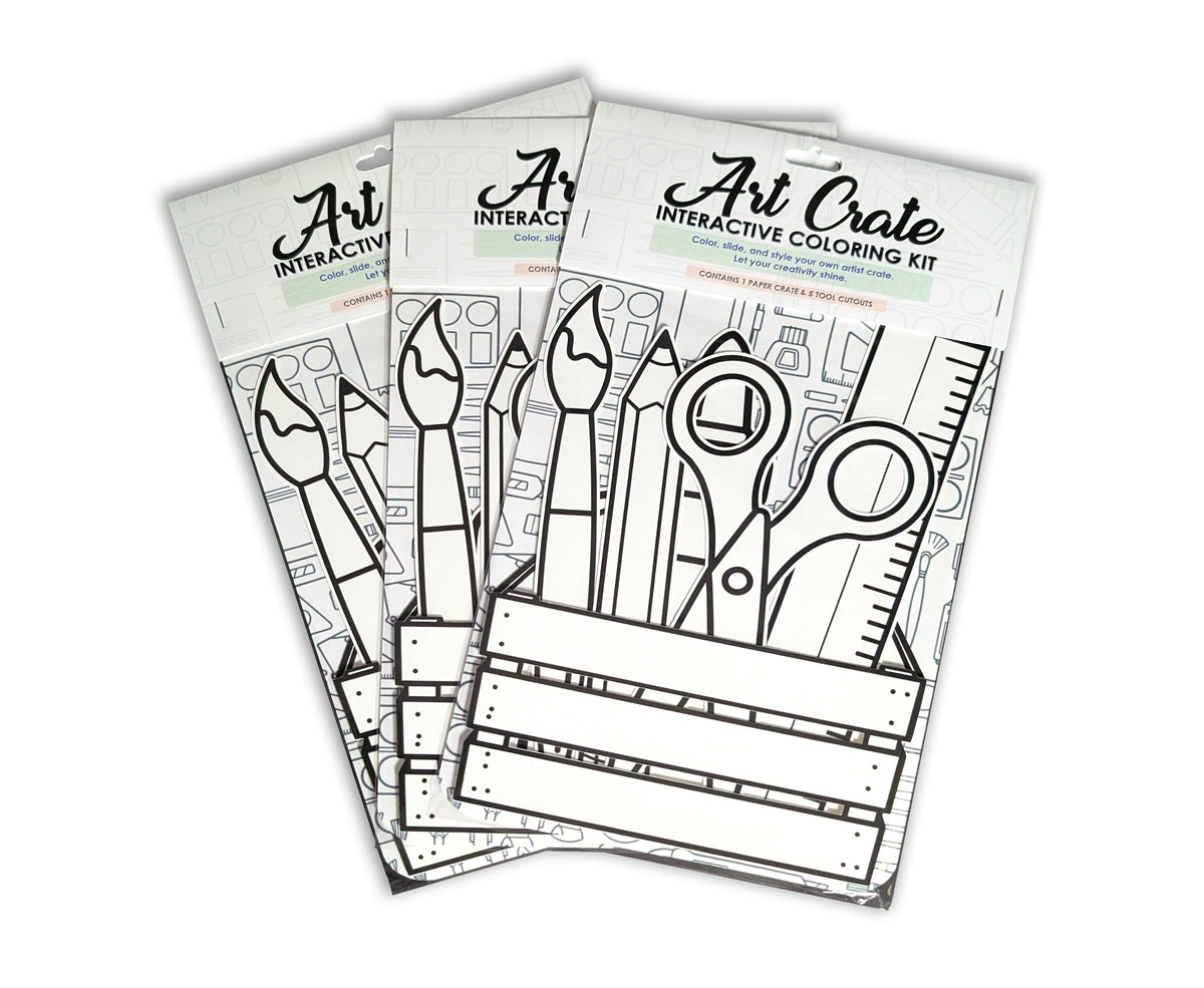 Three Art Crate interactive coloring kits arranged together on a white background.