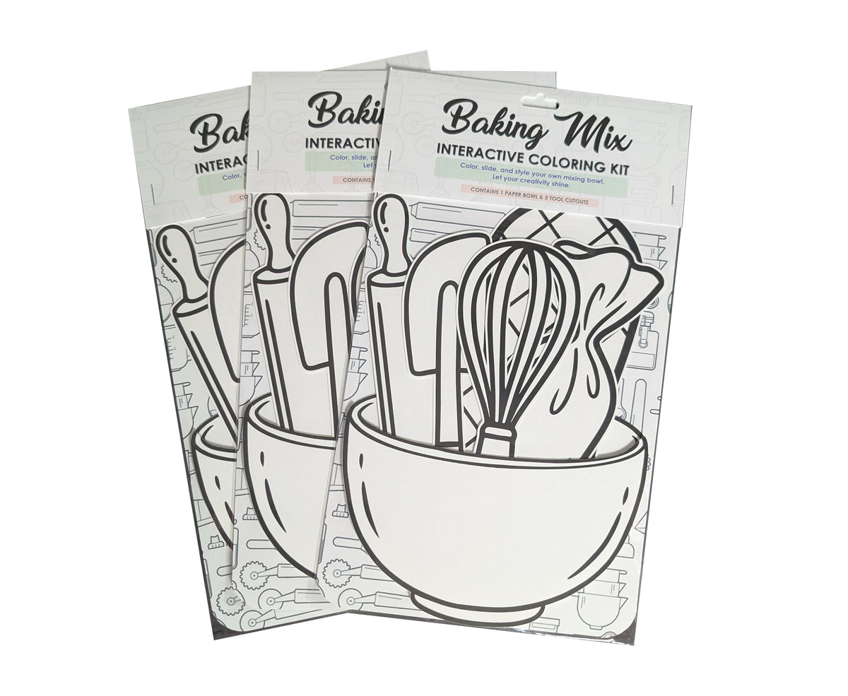 Three Baking Mix interactive coloring kits arranged together on a white background.