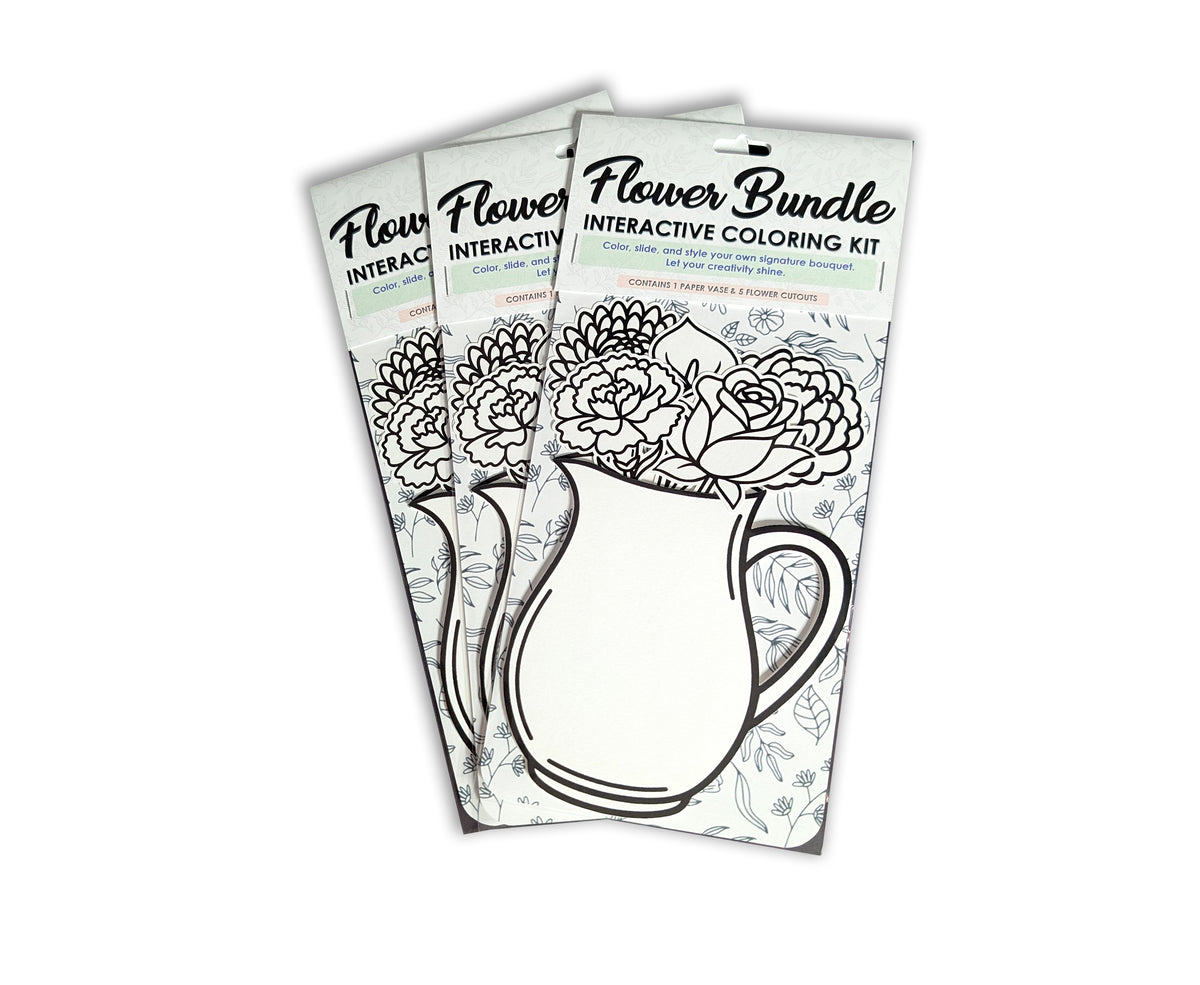 Three Flower Bundle interactive coloring kits arranged together on a white background.