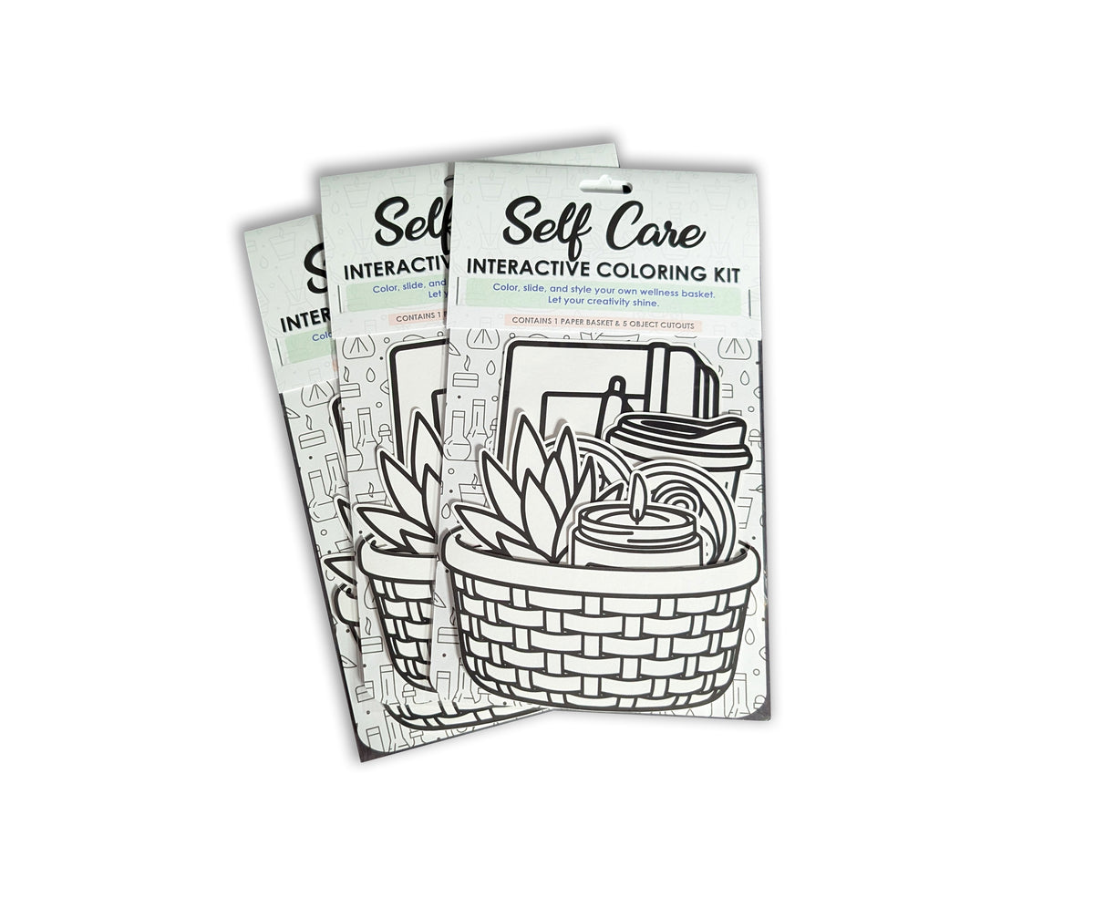Three Self Care interactive coloring kits arranged together on a white background.