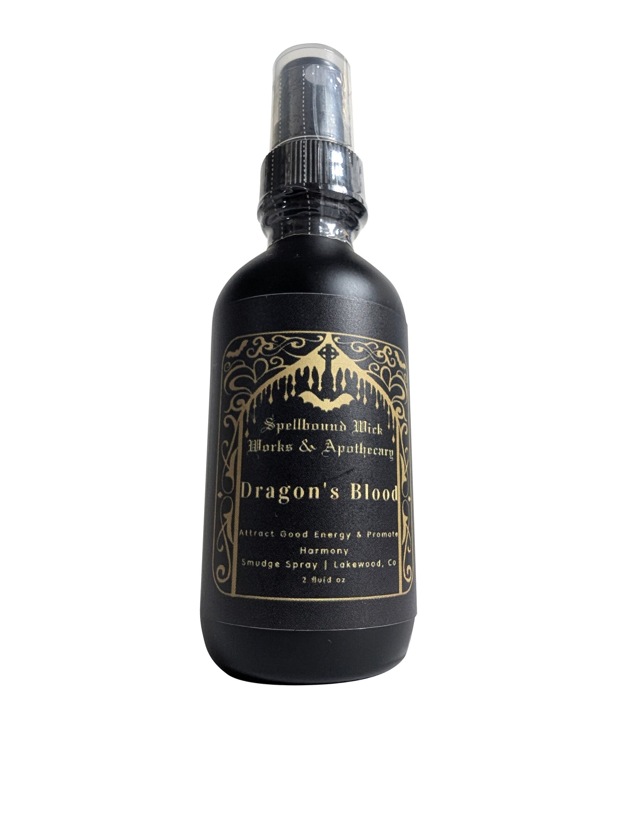 Front view of the matte black spray bottle with its clear plastic spray top and gold foil label.