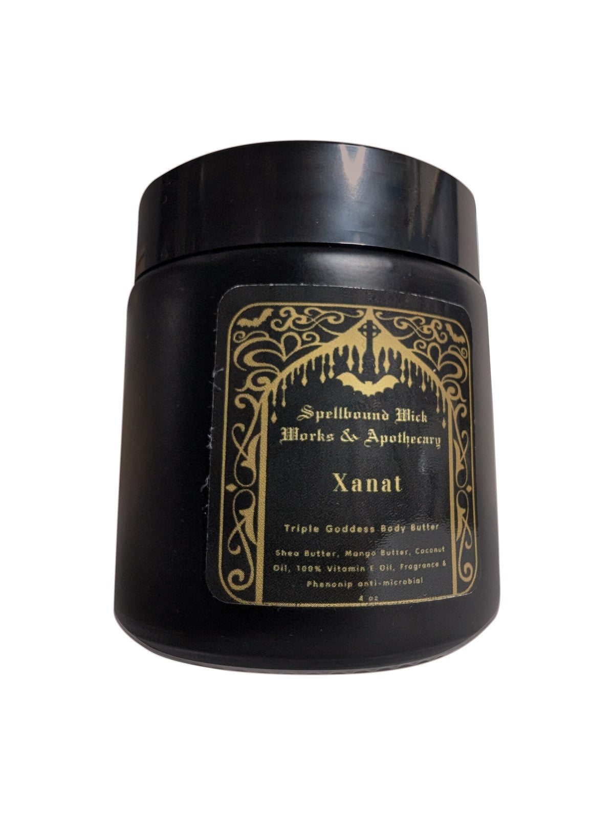 Single closed black jar of body butter standing upright on marble with the gold label centered.