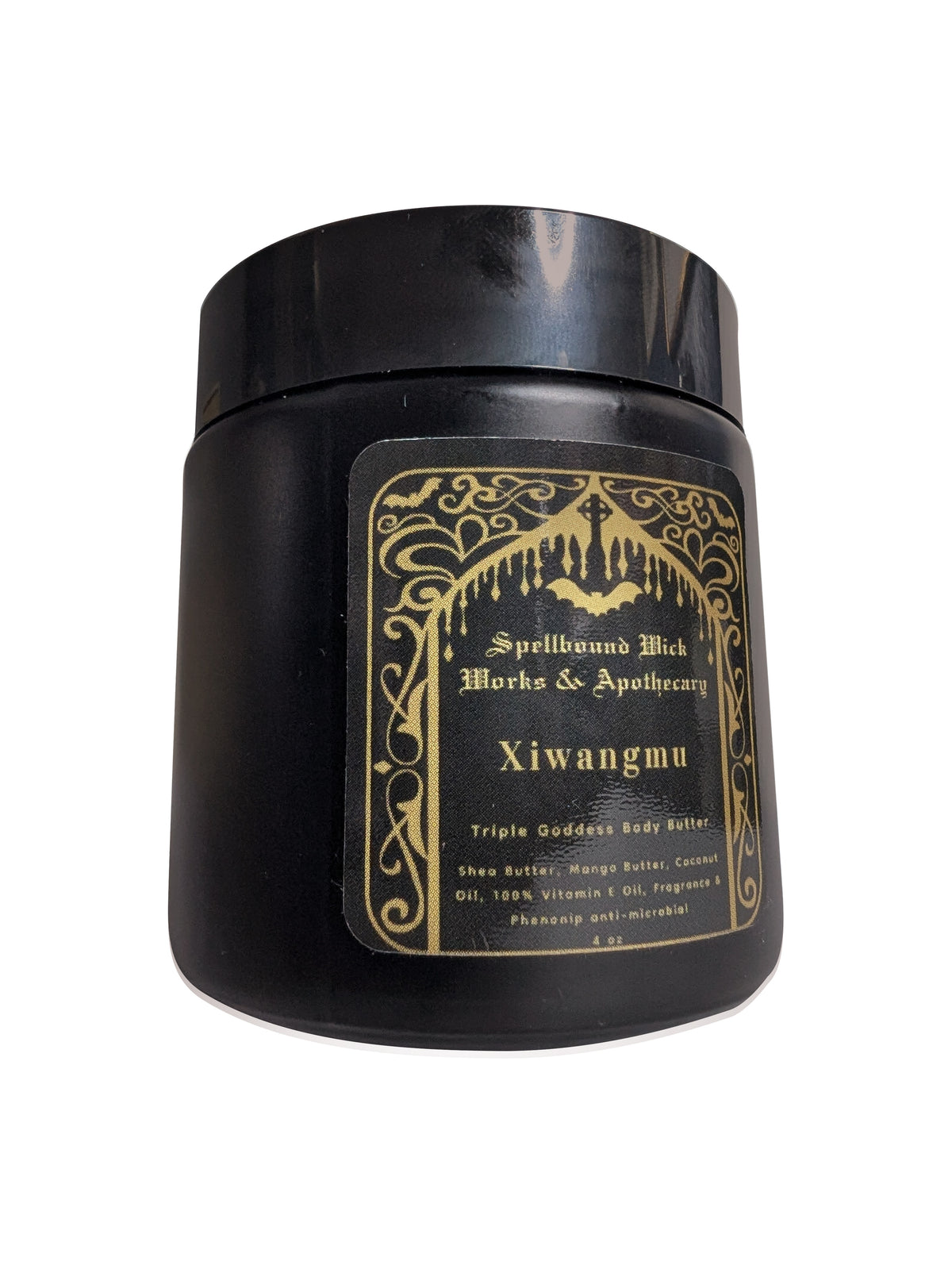 Single closed black jar of body butter standing upright on a white background with the gold label centered.