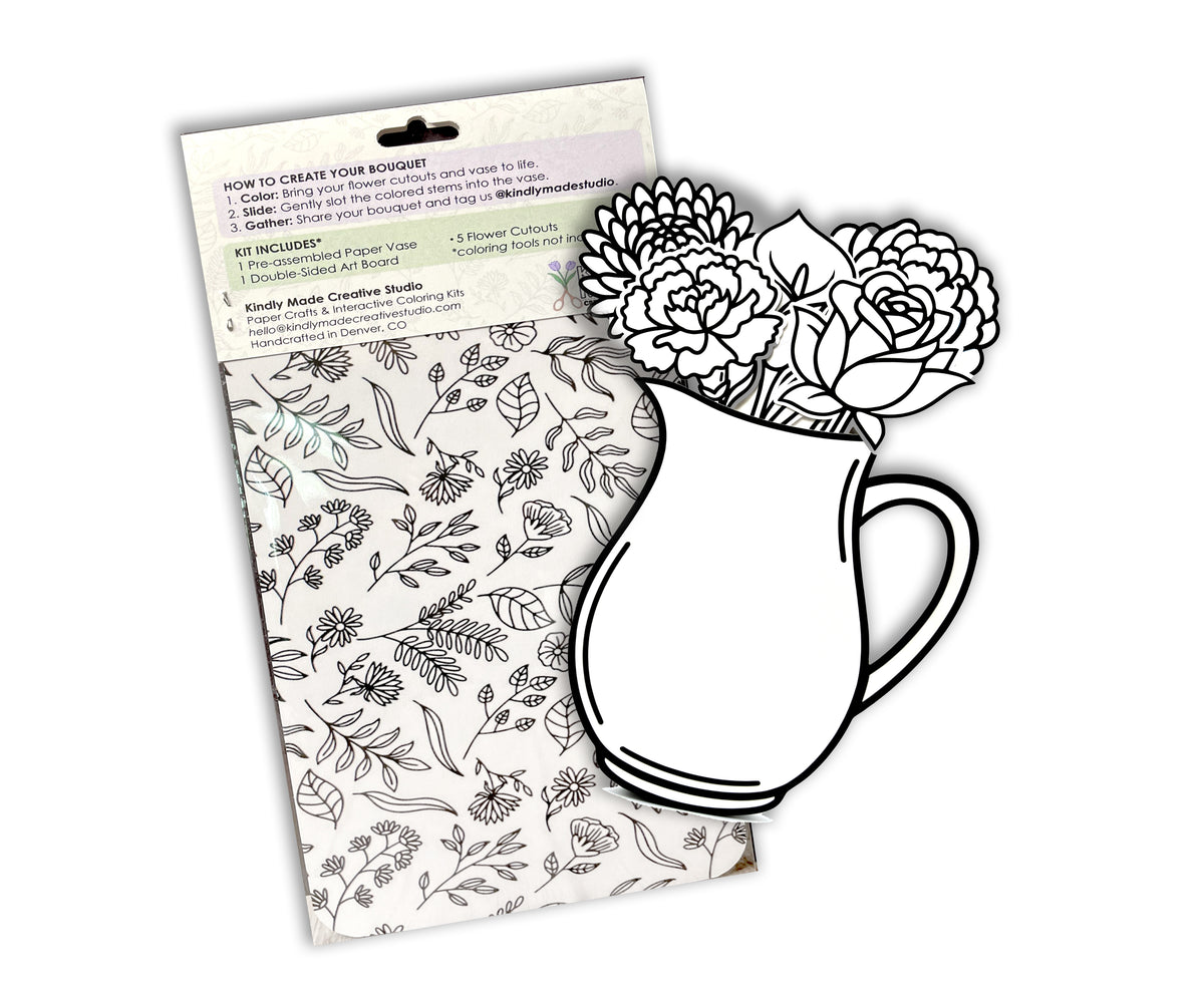 Back of two Flower Bundle kits on a white background, showing the instructions and the art board of flower drawings.