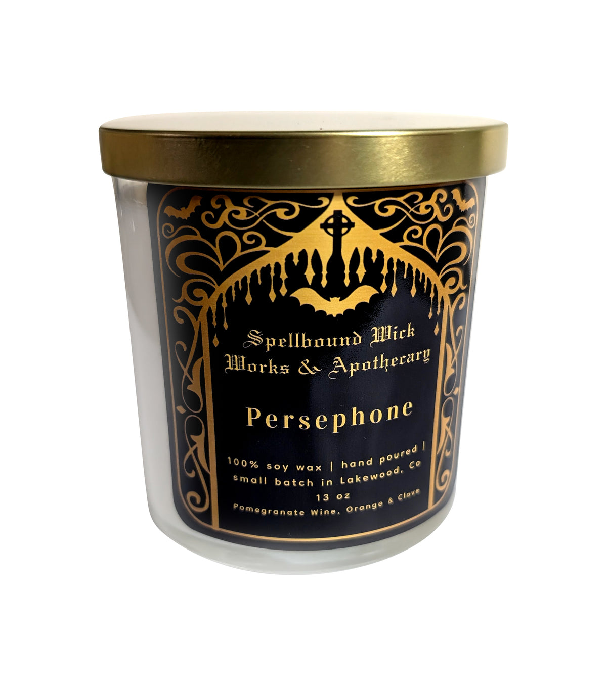 The Persephone Goddess Candle on a plain white background, label facing forward