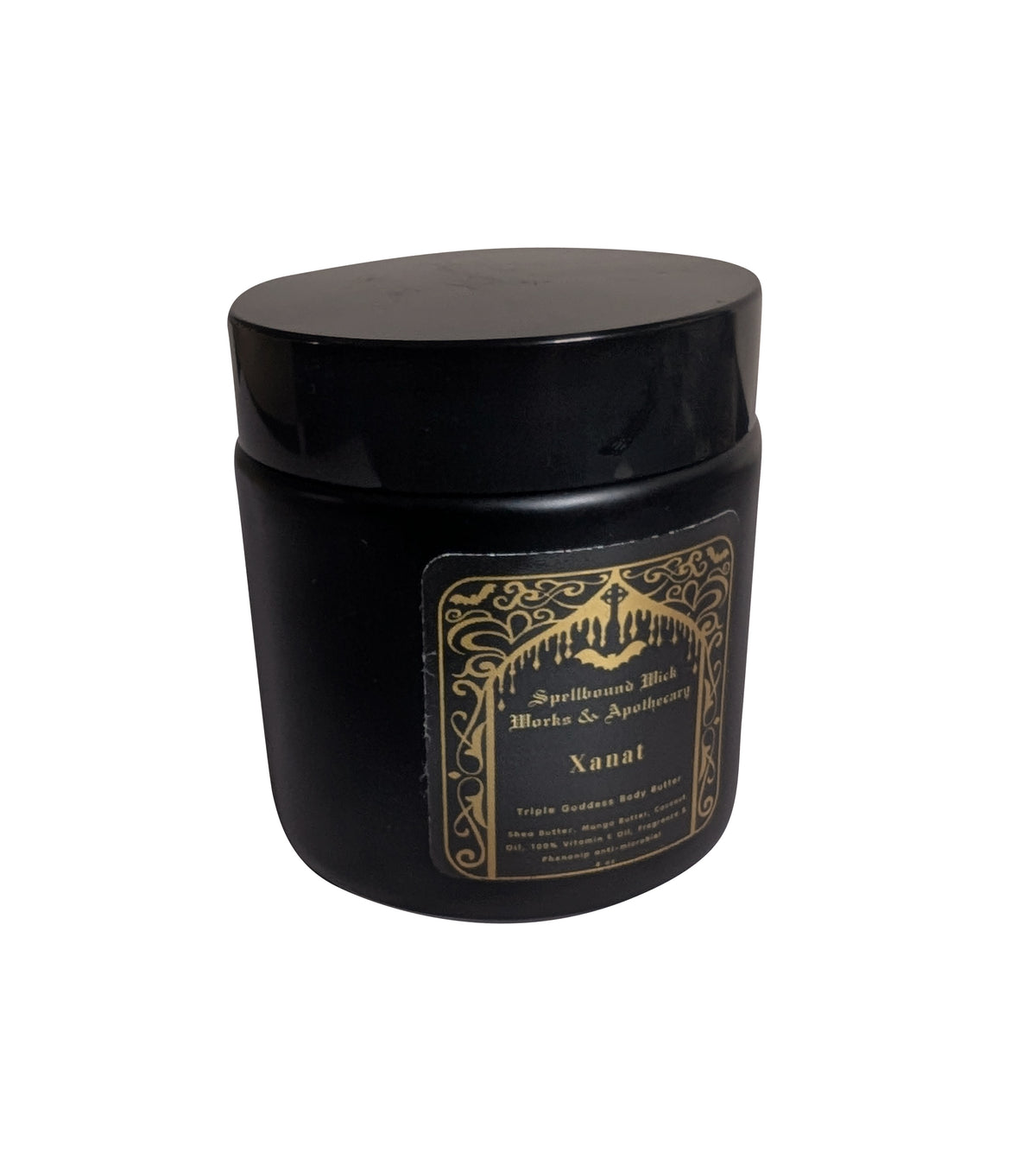 Front view of the closed black jar with its black lid and gold foil label with an ornate border.