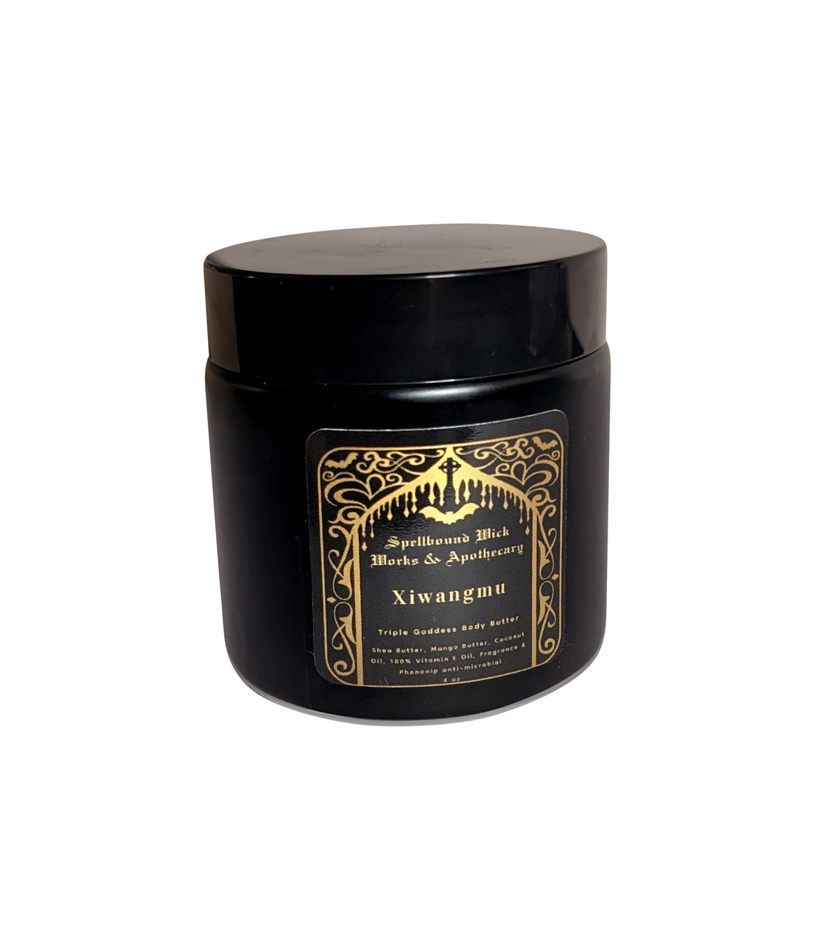 Front view of the closed black jar with its black lid and gold foil label with an ornate border.
