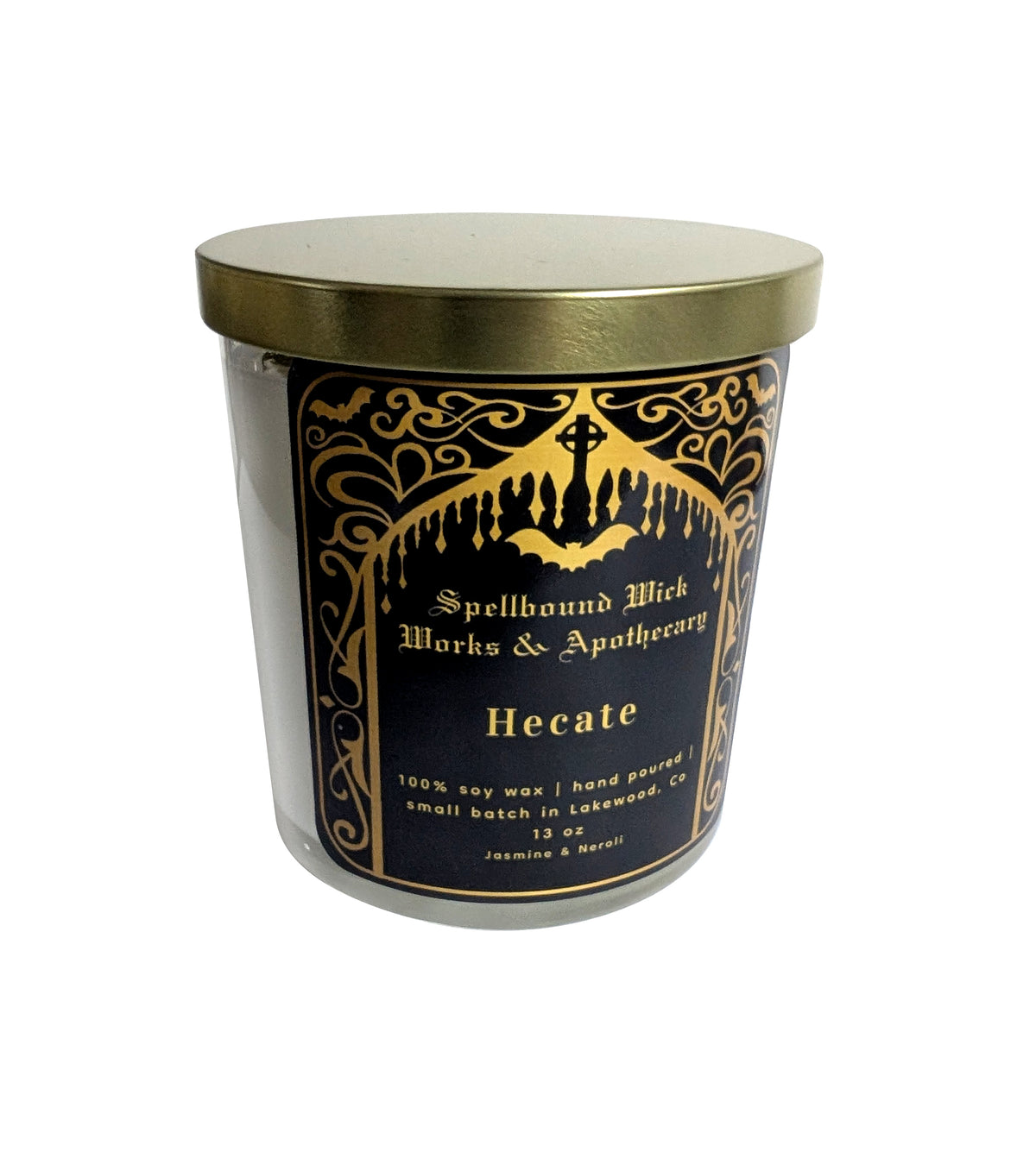 The Hecate Goddess Candle on a plain white background, label facing forward