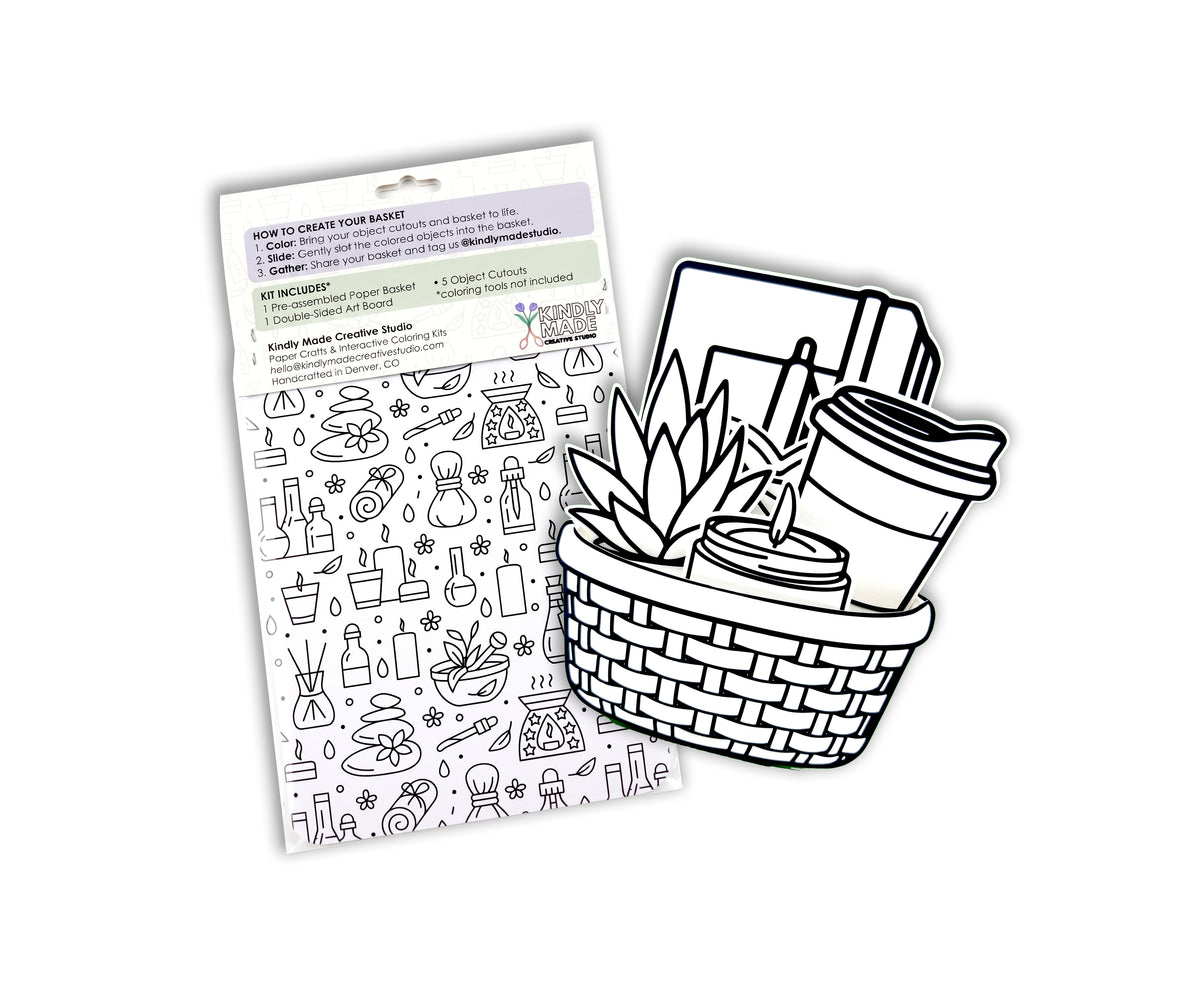 Back of two Self Care kits on a white background, showing the instructions and the art board of self care drawings.