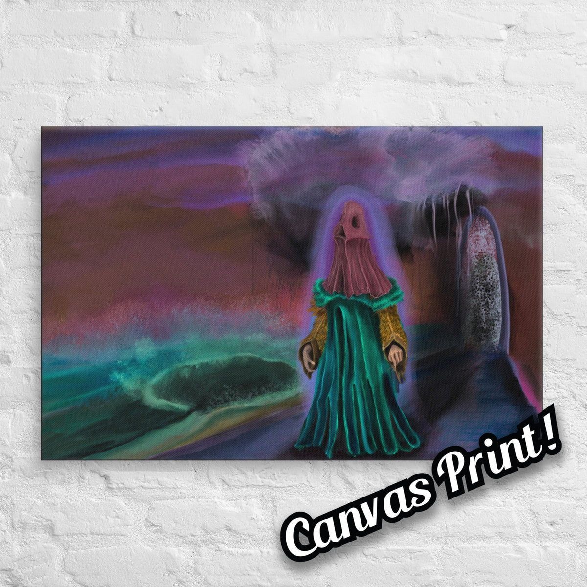 The Keeper Screams by Fish, stretched canvas print of a hooded figure in flowing green and gold robes standing on a dark road under a red and purple sky