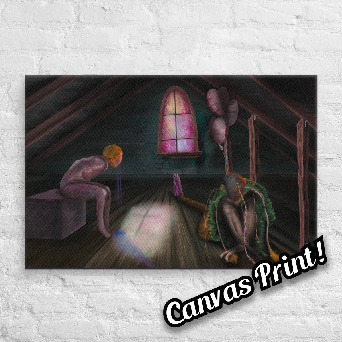Feral Stuart by Fish, stretched canvas print of an attic with a glowing arched window, a hunched pale figure seated on a crate and a green ruffled creature on the floor beneath pink balloons