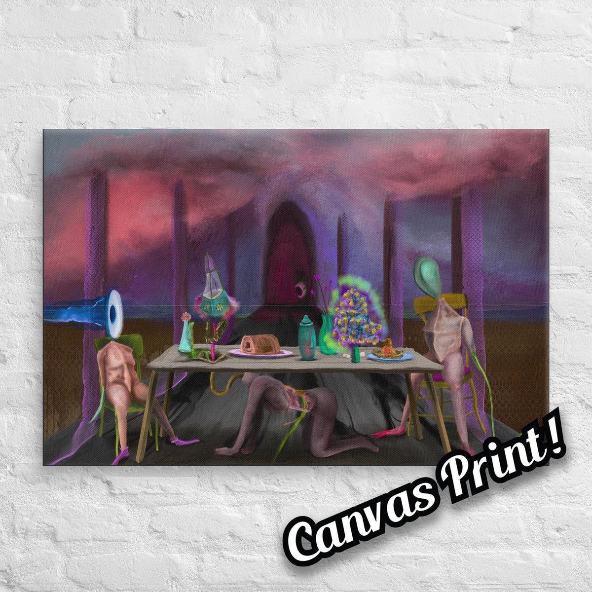 The Crass Supper by Fish, stretched canvas print of creatures with object heads seated at a long banquet table under a stormy pink and purple sky