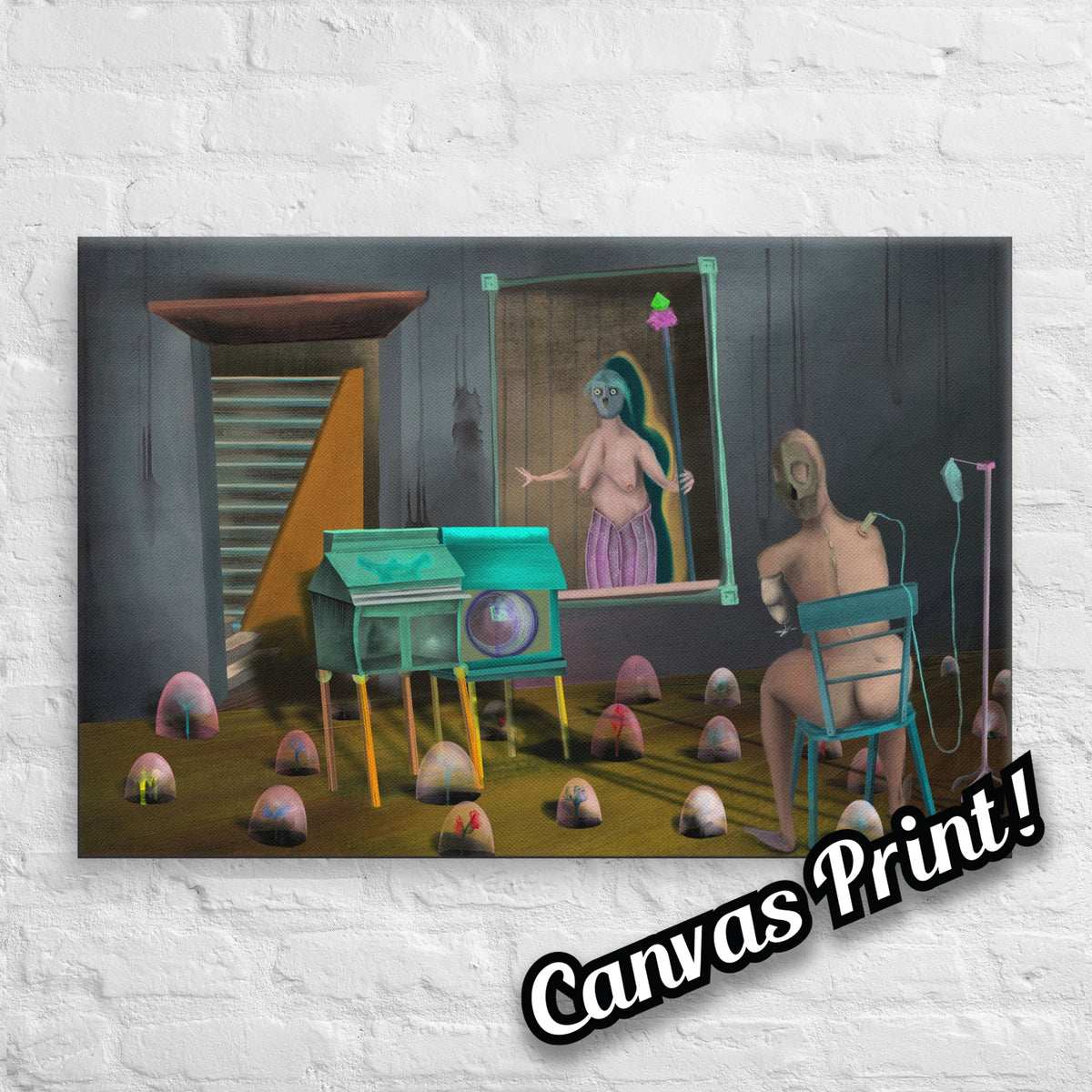 The Sitting Room by Fish, stretched canvas print of a dim room with a staircase, a framed painting of a figure holding a staff, a seated nude figure on a teal chair and pale egg shapes covering the floor