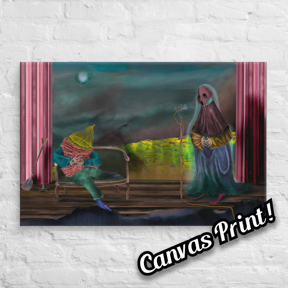 The Void Keeper Tours by Fish, stretched canvas print of two robed figures on a stage between pink striped curtains, one seated on a bench and one standing with a microphone stand