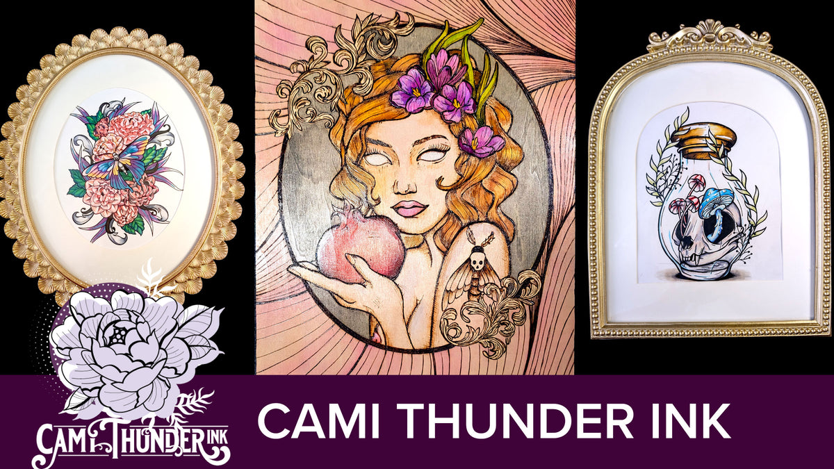 Three framed tattoo-style art prints are shown side by side on a black background, with the text 'CAMI THUNDER INK' and a large flower logo at the bottom. The left print has a peach floral design in an oval frame, the center print shows a woman with flowers in her hair holding a peach, and the right print depicts a jar with a skull and blue creature inside.