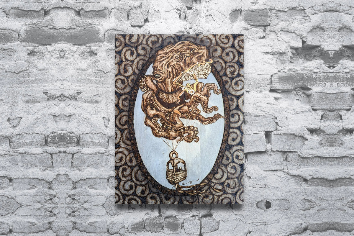 Cephalapunktopus art print by CamiThunderInk, a steampunk octopus with mechanical wings carrying a passenger in a basket like a hot air balloon, with gold and silver accents
