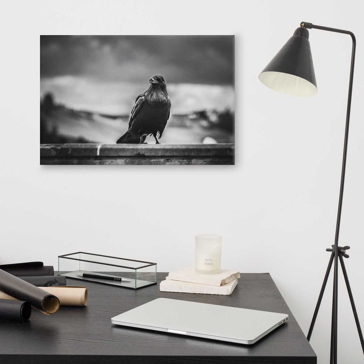 Crow So Chic canvas print by Iain Camacho, large horizontal canvas hanging above a desk next to a black floor lamp