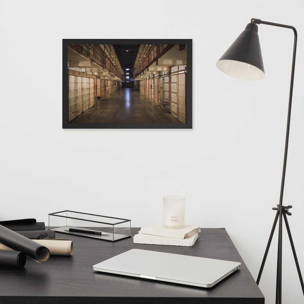 Alcatraz, San Francisco framed luster print by iain, black framed print hanging above a desk next to a black floor lamp