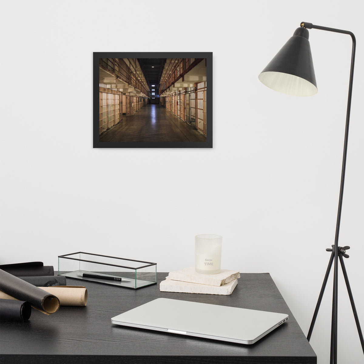 Alcatraz, San Francisco framed luster print by iain, black framed print resting on a light wood floor against a white wall