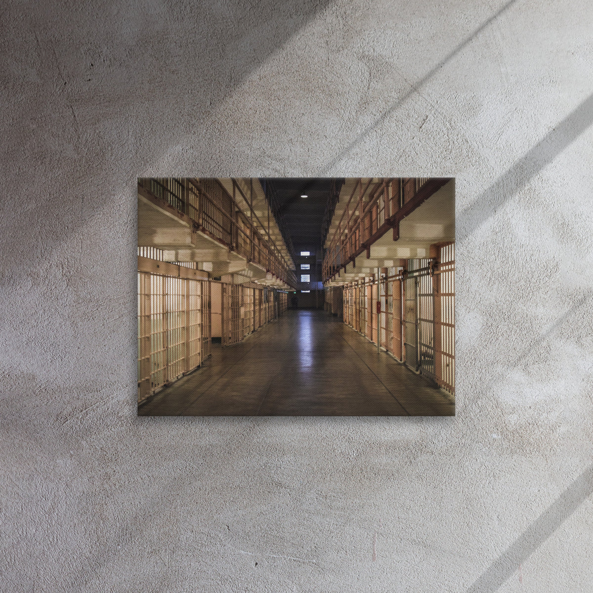 Alcatraz, San Francisco thin canvas print by Iain Camacho, canvas hanging on a gray concrete wall