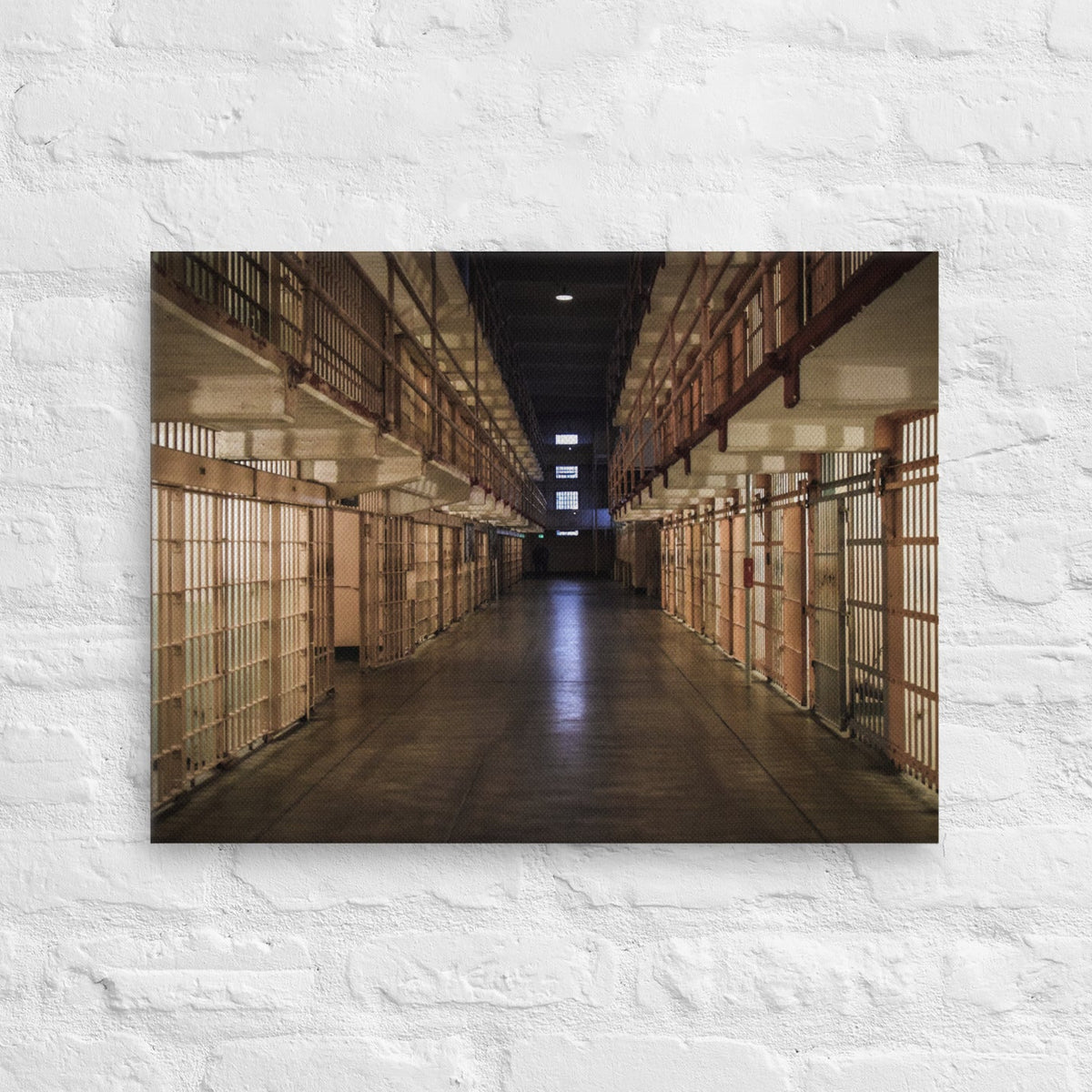 Alcatraz, San Francisco thin canvas print by Iain Camacho, canvas hanging on a white brick wall
