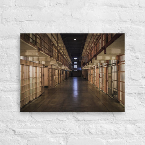 Alcatraz, San Francisco thin canvas print by Iain Camacho, canvas hanging on a white brick wall