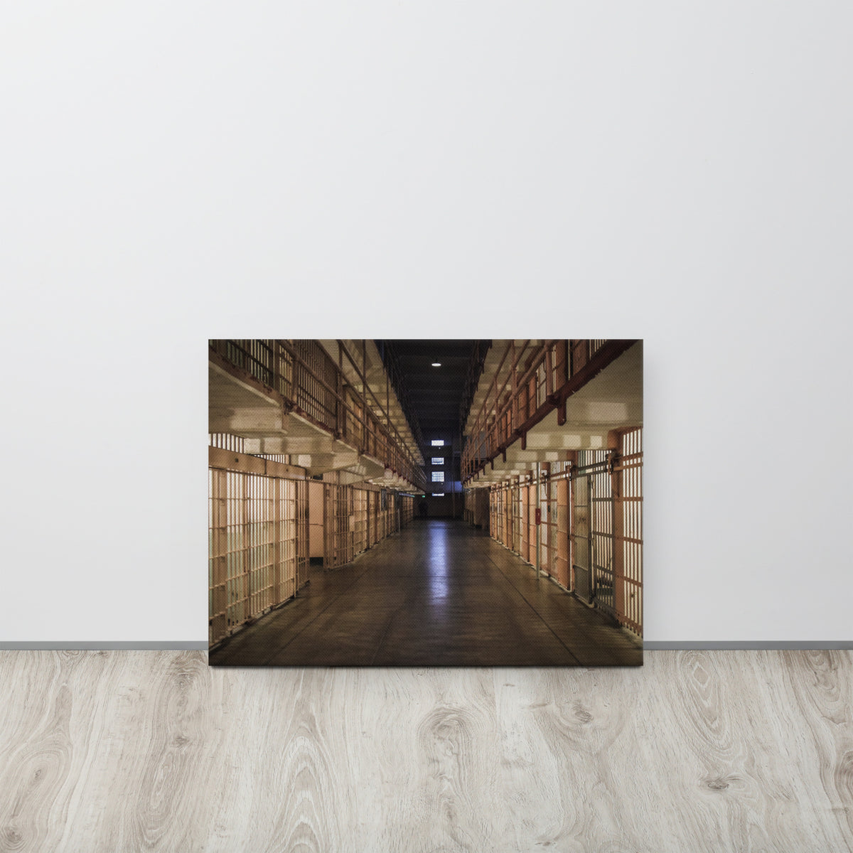 Alcatraz, San Francisco thin canvas print by Iain Camacho, canvas hanging on a white wall above a light wood floor