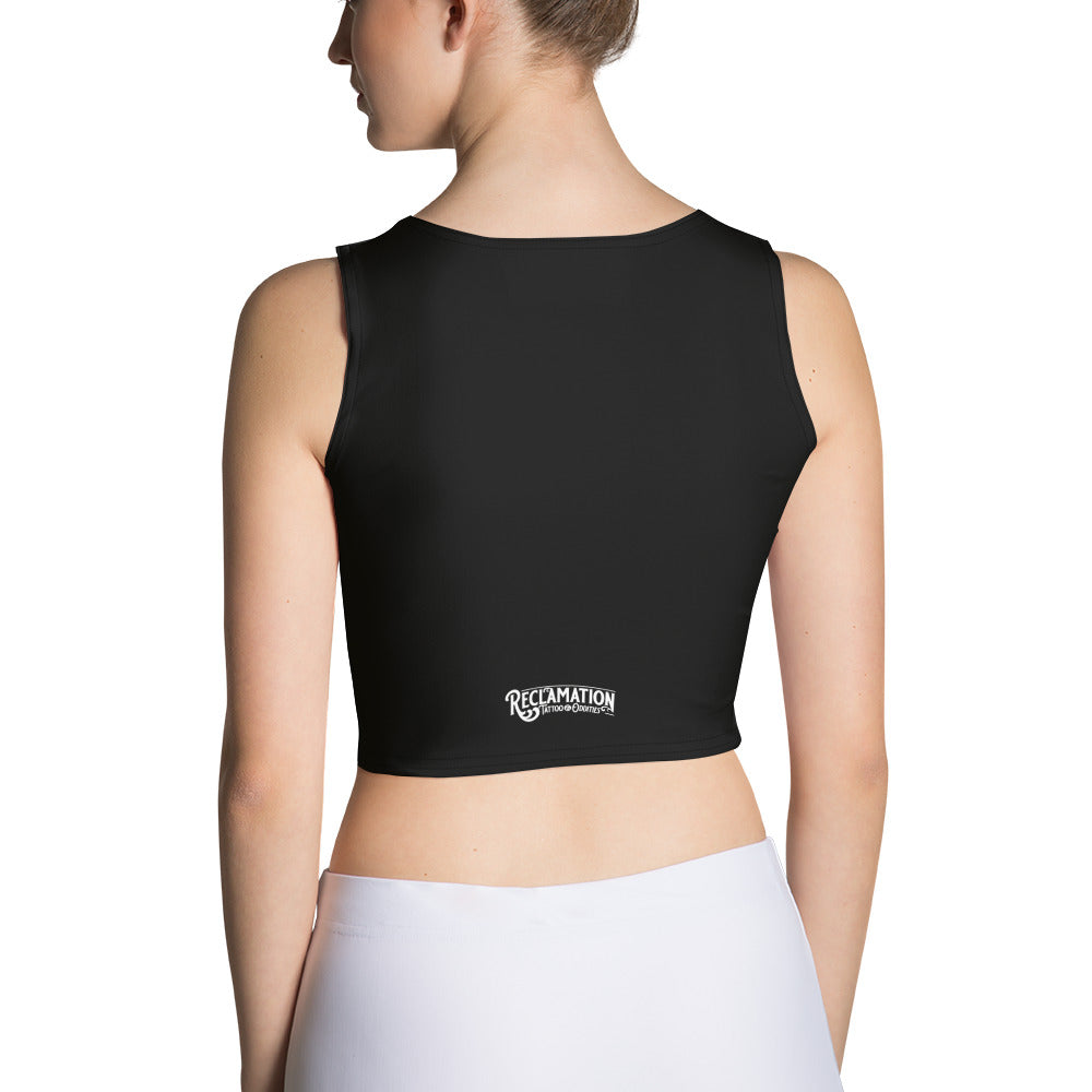 We Built This Business On Adderall crop top worn by a model, back view showing the plain black back and the cropped hem