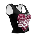 We Built This Business On Adderall crop top, front view, showing a dark red heart filled with white outlined pills, capsules and sparkles, two white ribbon banners across it reading we built this business on Adderall, the Reclamation Tattoo & Oddities logo above, and by neurodivergents for neurodivergents below