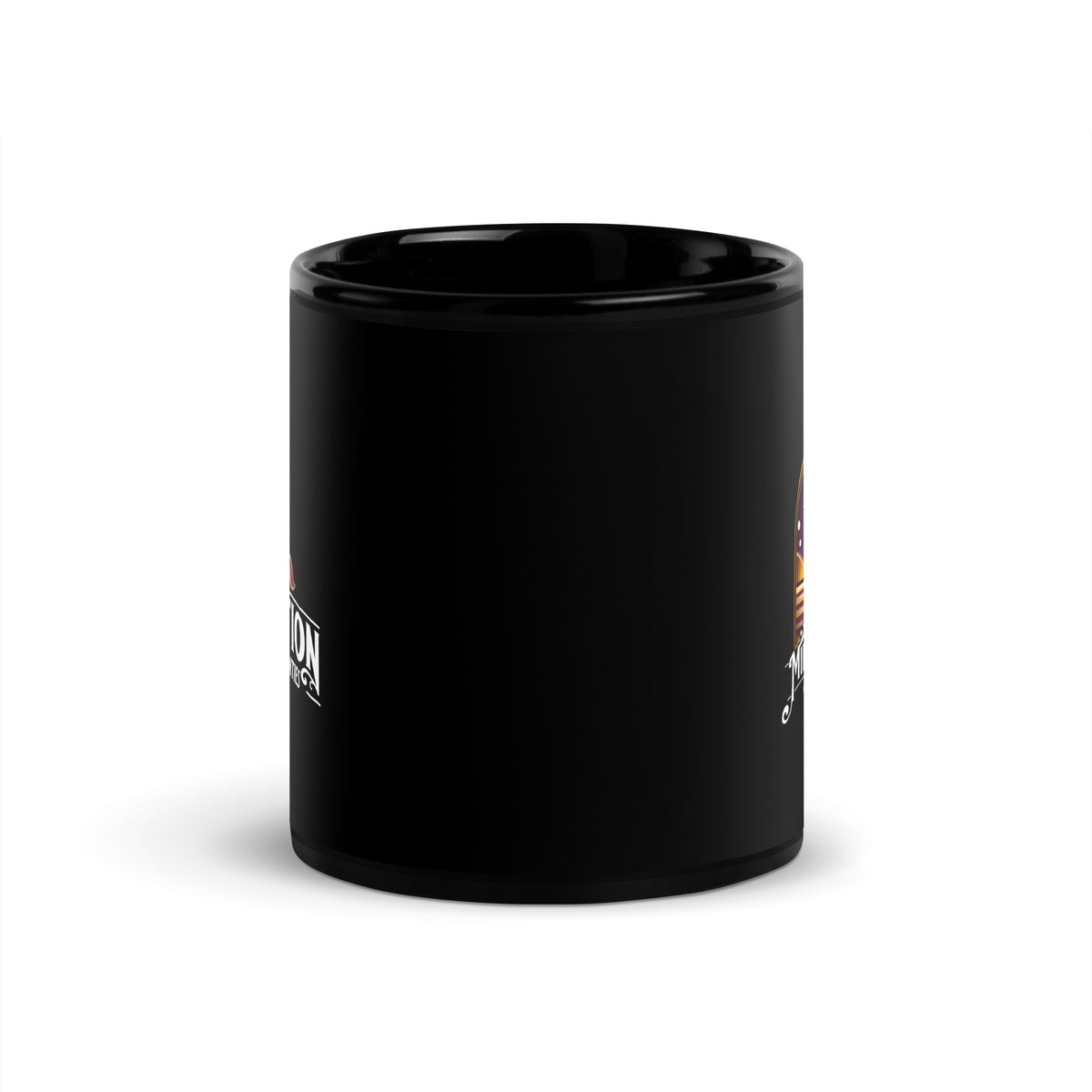 Reclamation & Midnight River mug viewed straight on with the handle hidden, both logos curving away around opposite sides of the black glossy ceramic