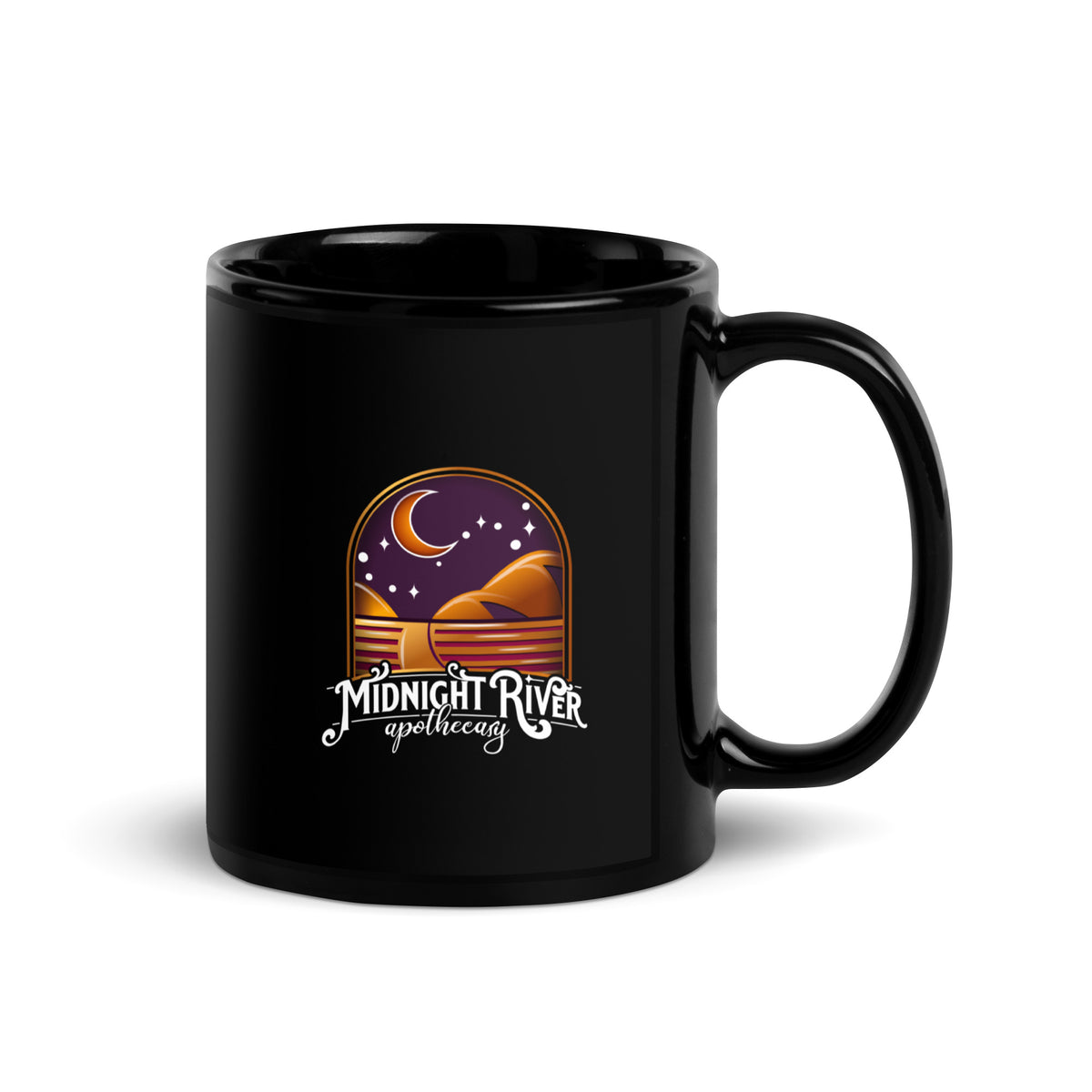 Reclamation & Midnight River mug, black glossy ceramic with the handle on the right, showing the Midnight River Apothecary badge with its crescent moon, stars and desert river scene
