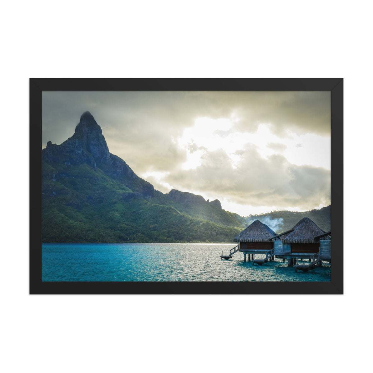 Bora Bora, French Polynesia framed luster print by iain, front view of the black framed print showing the mountain, lagoon, and bungalows