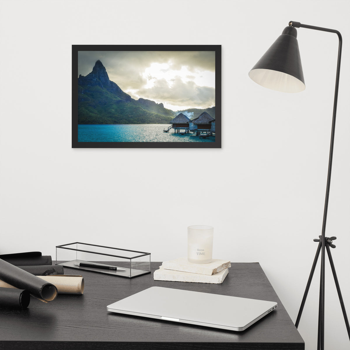 Bora Bora, French Polynesia framed luster print by iain, black framed print hanging above a desk next to a black floor lamp