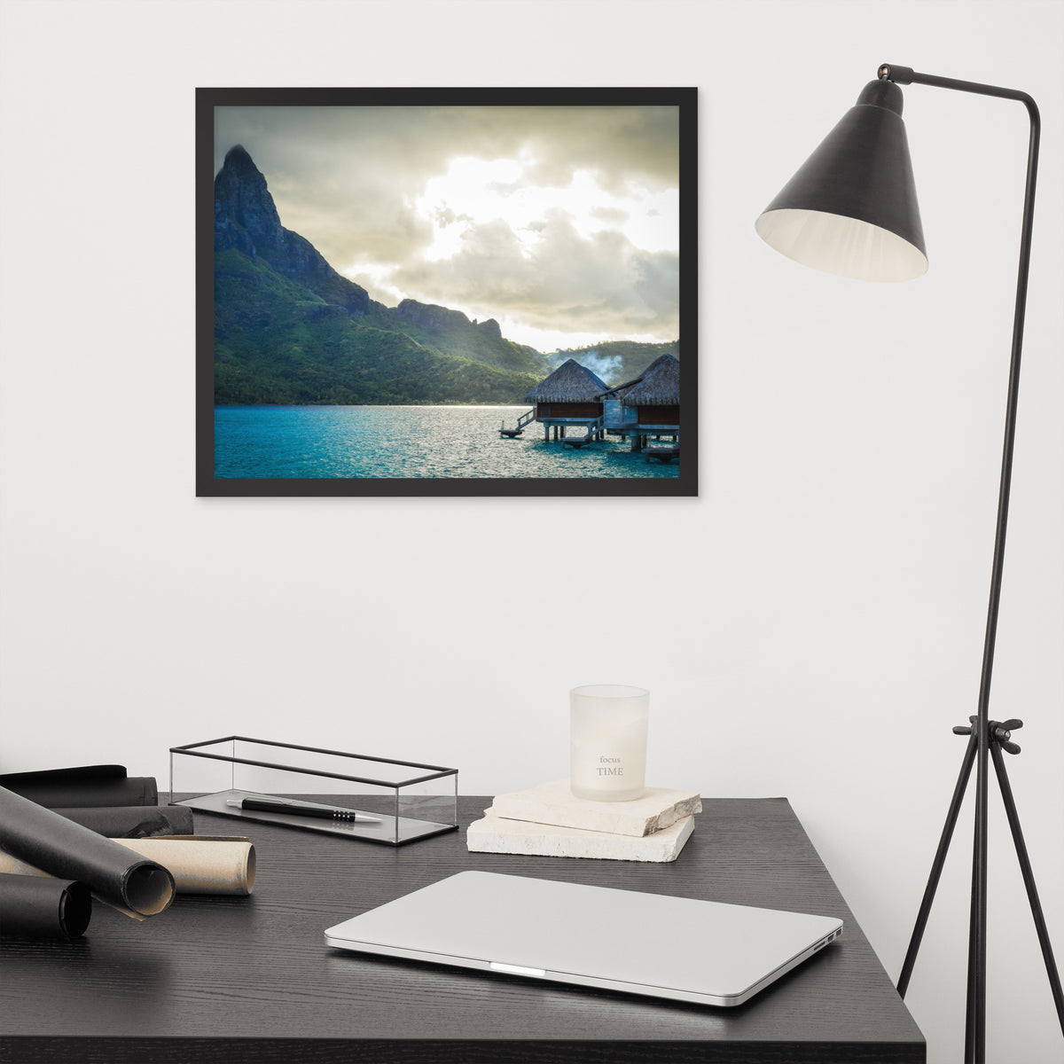 Bora Bora, French Polynesia framed luster print by iain, larger black framed print hanging above a desk next to a black floor lamp