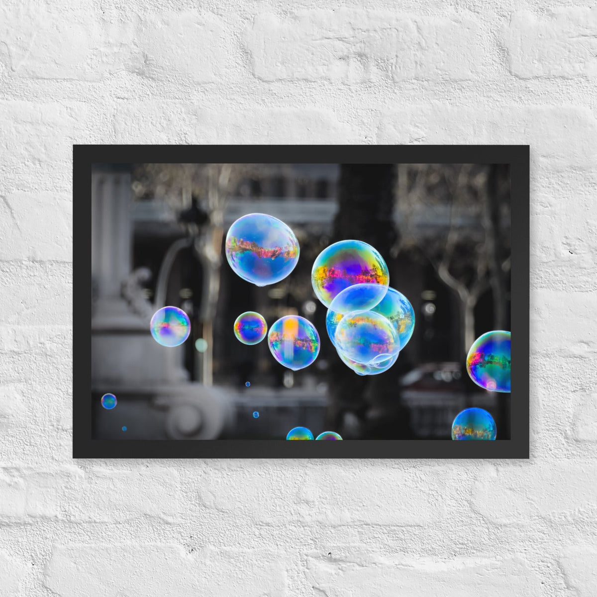 Bubbles of Barcelona framed luster print by iain, black framed photograph of large rainbow colored soap bubbles floating in front of a nearly black and white city square, hanging on a white brick wall