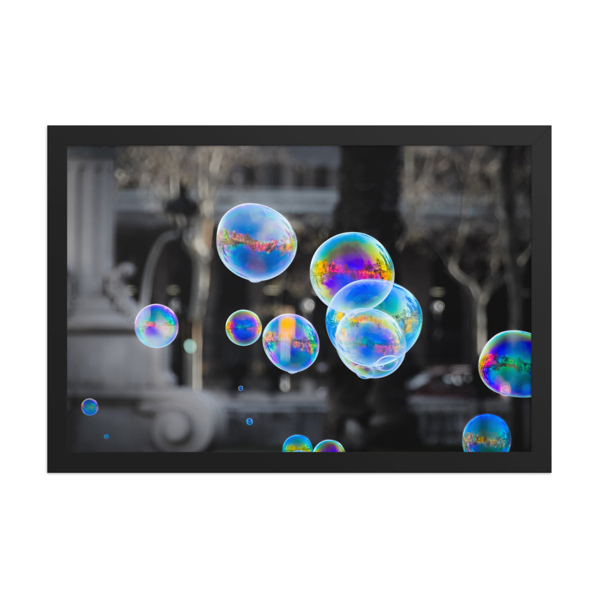 Bubbles of Barcelona framed luster print by iain, larger size shown in a black frame