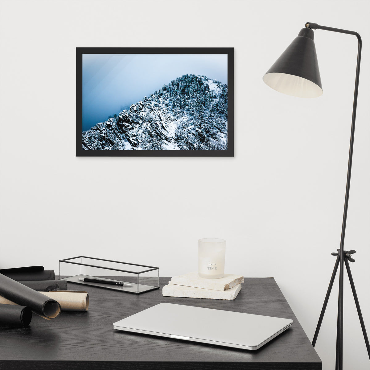 Colorado Mountain framed luster print by iain, black framed print hanging above a desk next to a black floor lamp