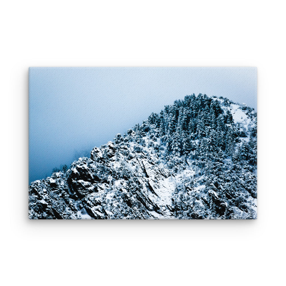 Colorado Mountain thin canvas print by Iain Camacho, front view of a photograph of a snow-covered mountain ridge with dense pine trees rising into cold blue cloud