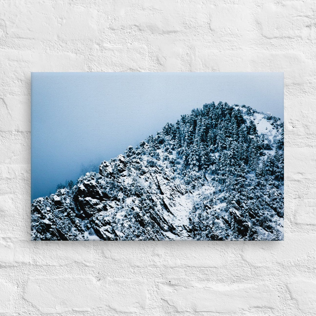 Colorado Mountain thin canvas print by Iain Camacho, canvas hanging on a white brick wall