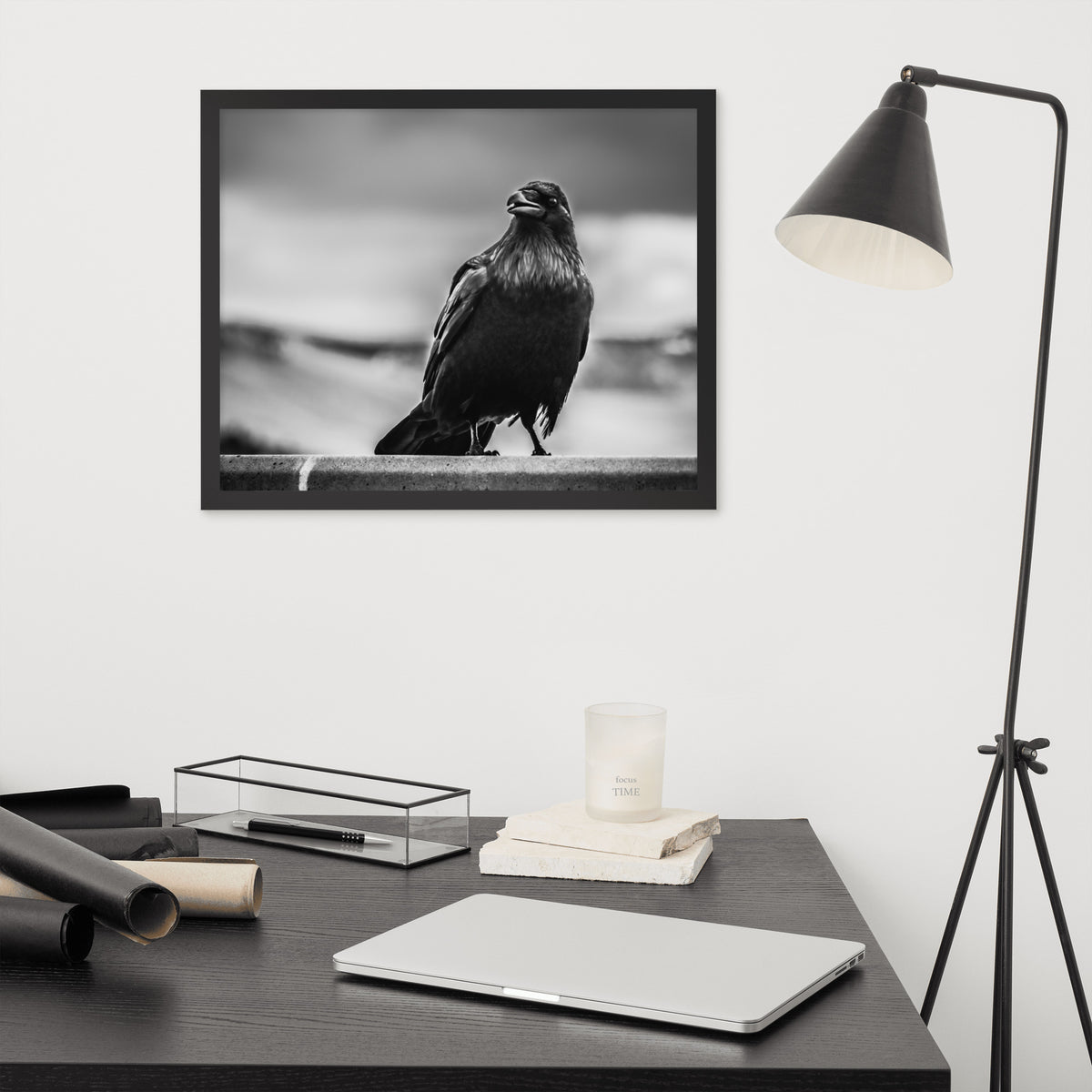 Crow So Chic framed luster print by iain, black framed print hanging above a desk next to a black floor lamp