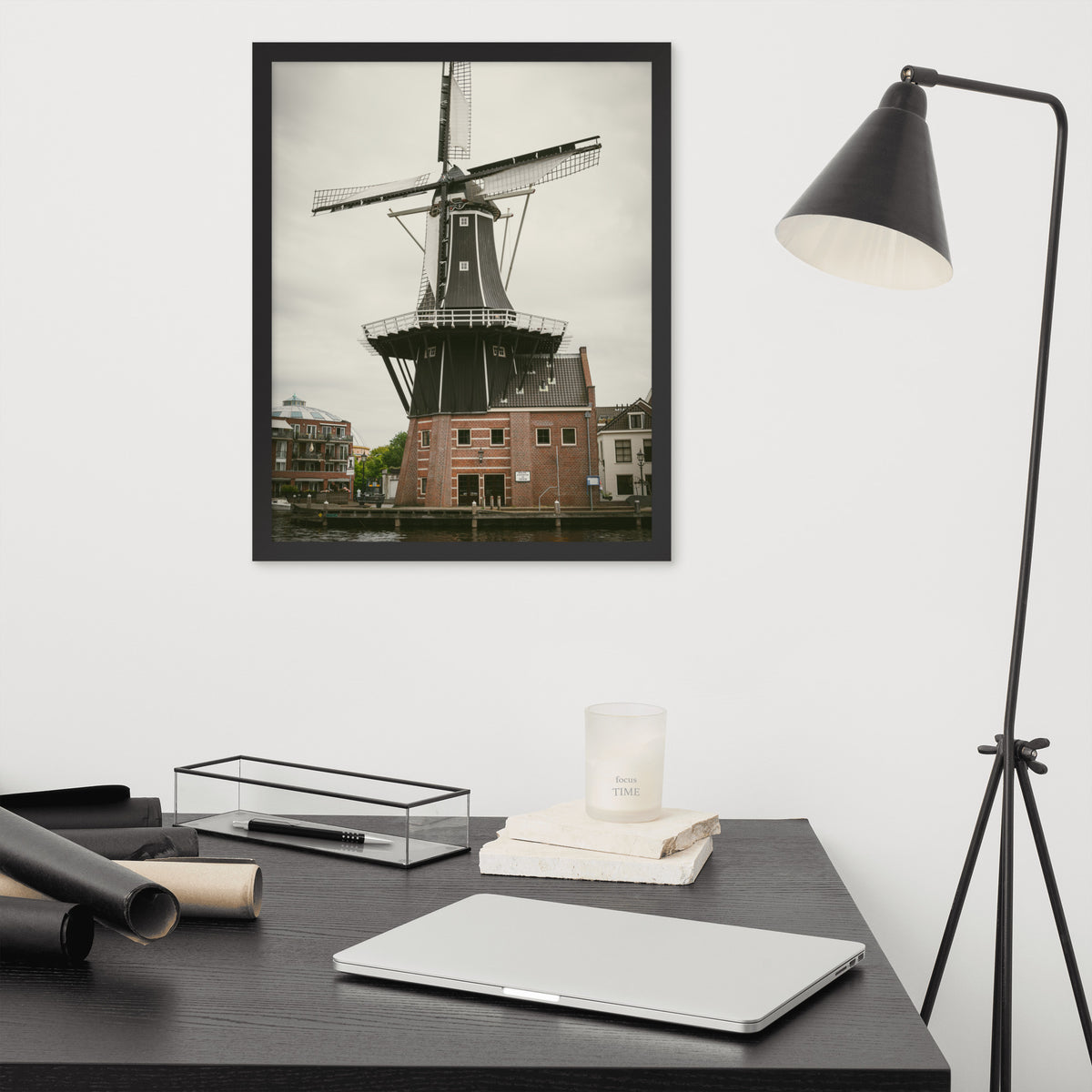 De Adriaan, Haarlem framed luster print by iain, larger black framed print hanging above a desk next to a black floor lamp