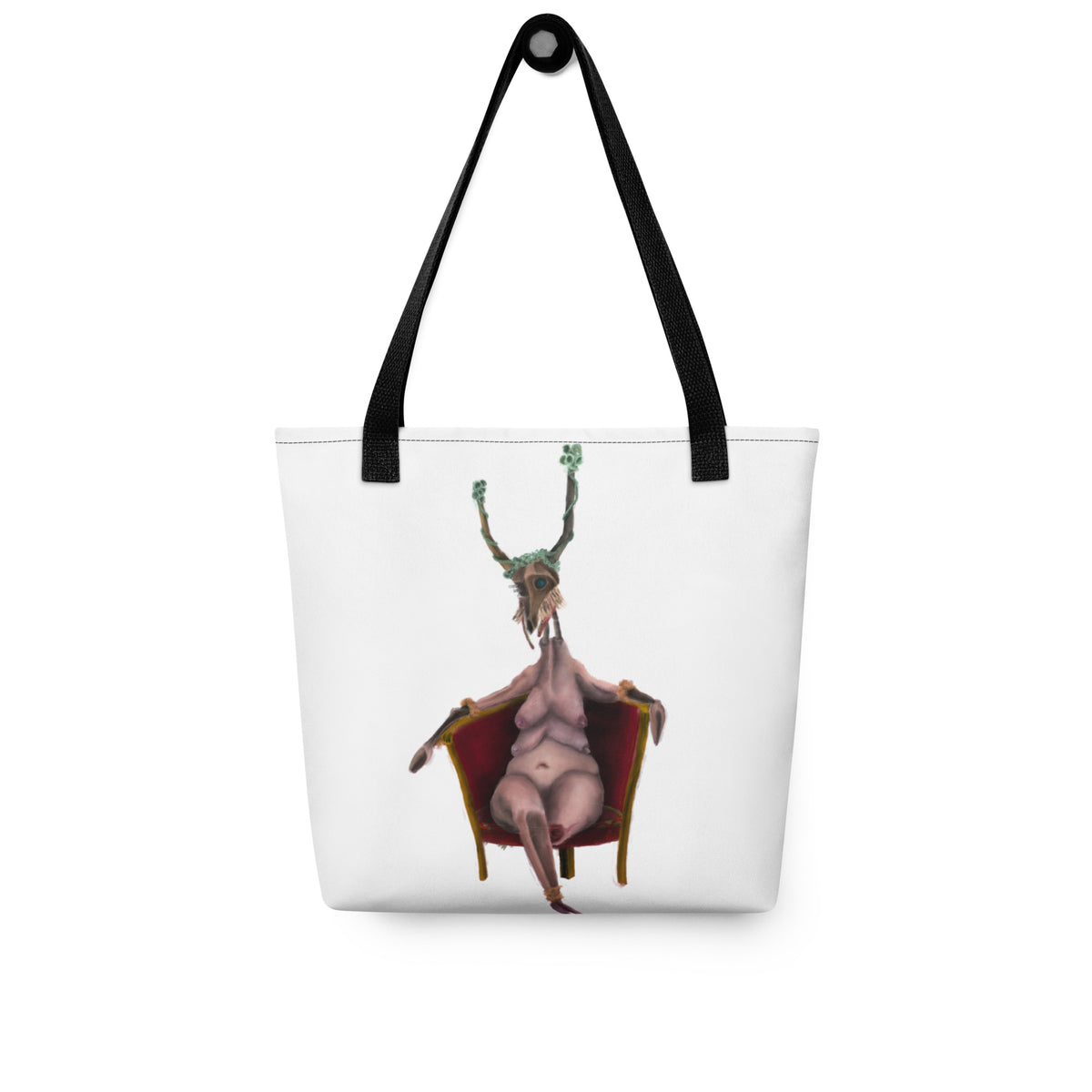 White tote bag laid flat, showing the full front graphic of the seated deer creature and black shoulder straps.