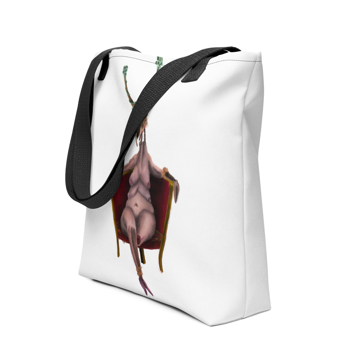White polyester tote bag featuring an all-over surreal digital painting print of a deer-headed creature seated on an antique chair.