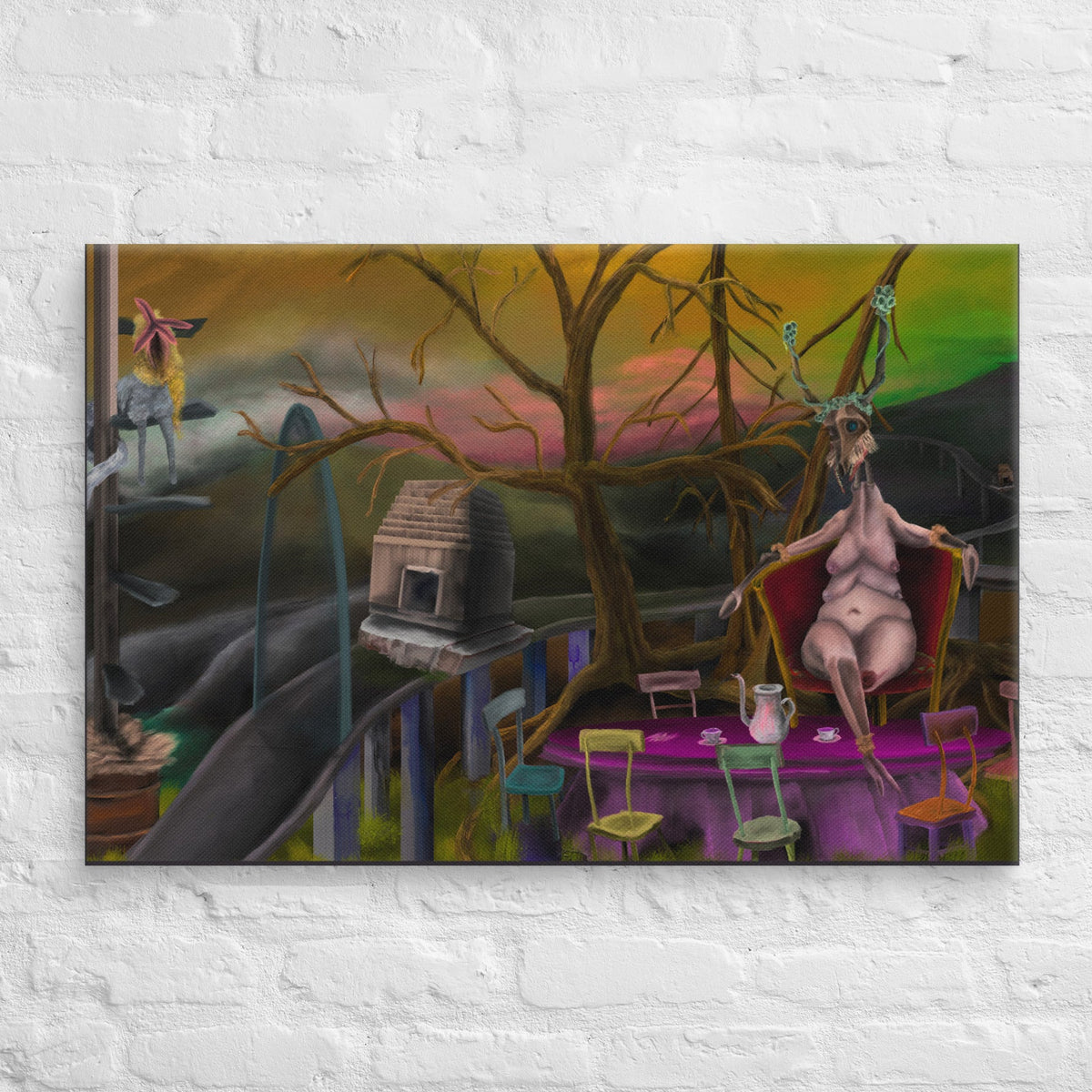 Deer Dra’s Picnic by Fish, stretched canvas print of a pale seated figure at a purple picnic table under bare trees with a deer-like figure nearby, shown at an angle so the wrapped edge is visible