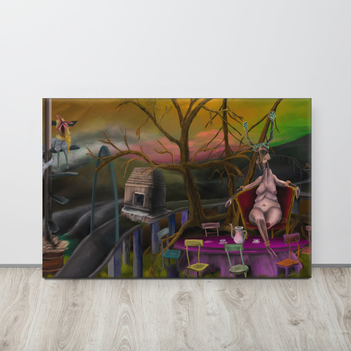 Deer Dra’s Picnic canvas print hanging above a floor cushion, woven basket, and potted plant with a curtain at the edge of the frame