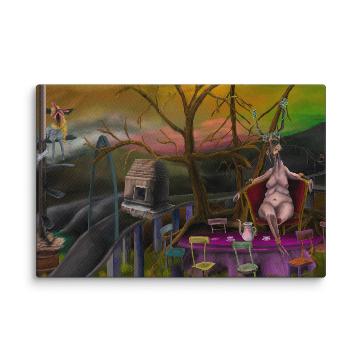 Deer Dra’s Picnic canvas print hanging alone on a white brick wall