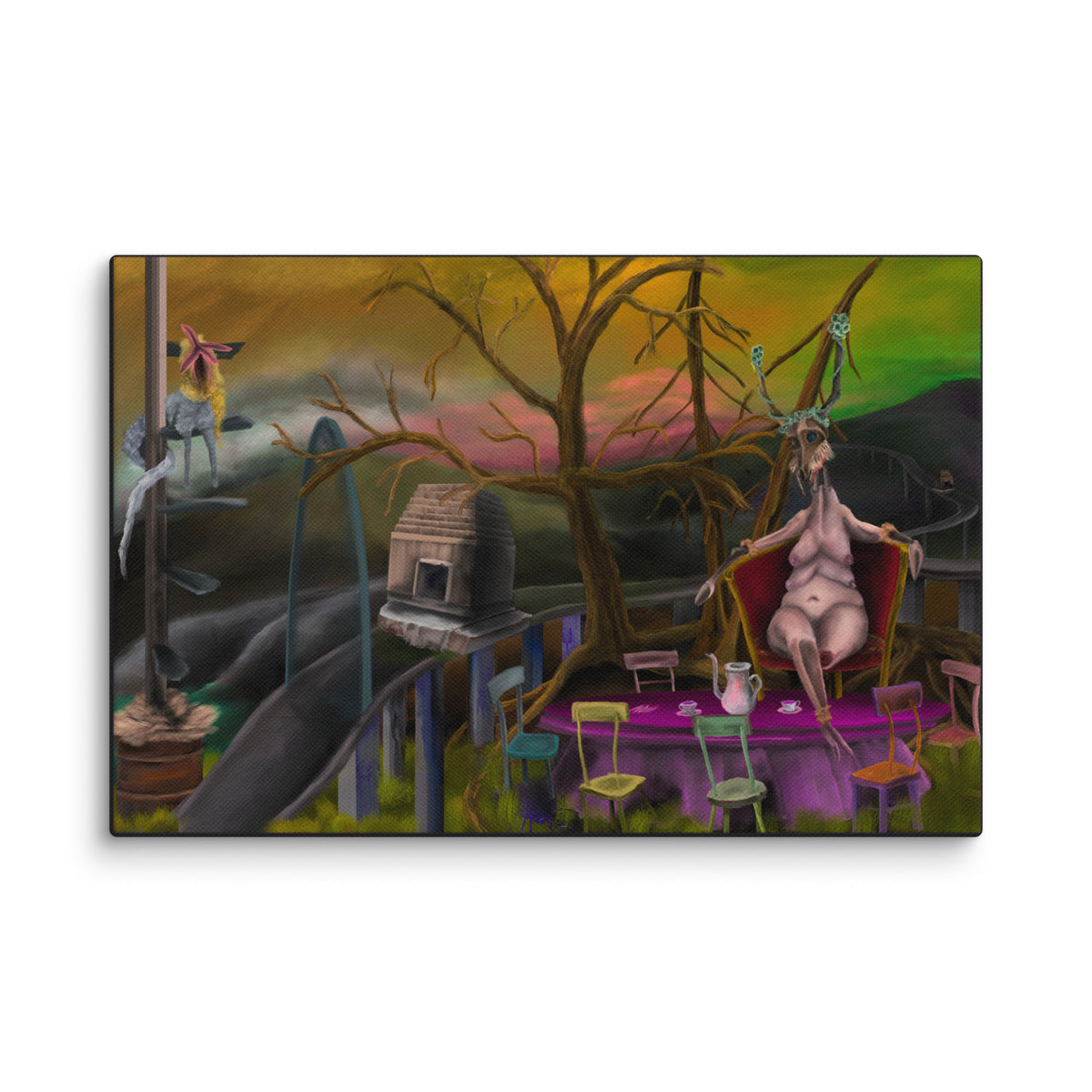 Deer Dra’s Picnic canvas print hanging on a white brick wall, shown wider to give a sense of scale