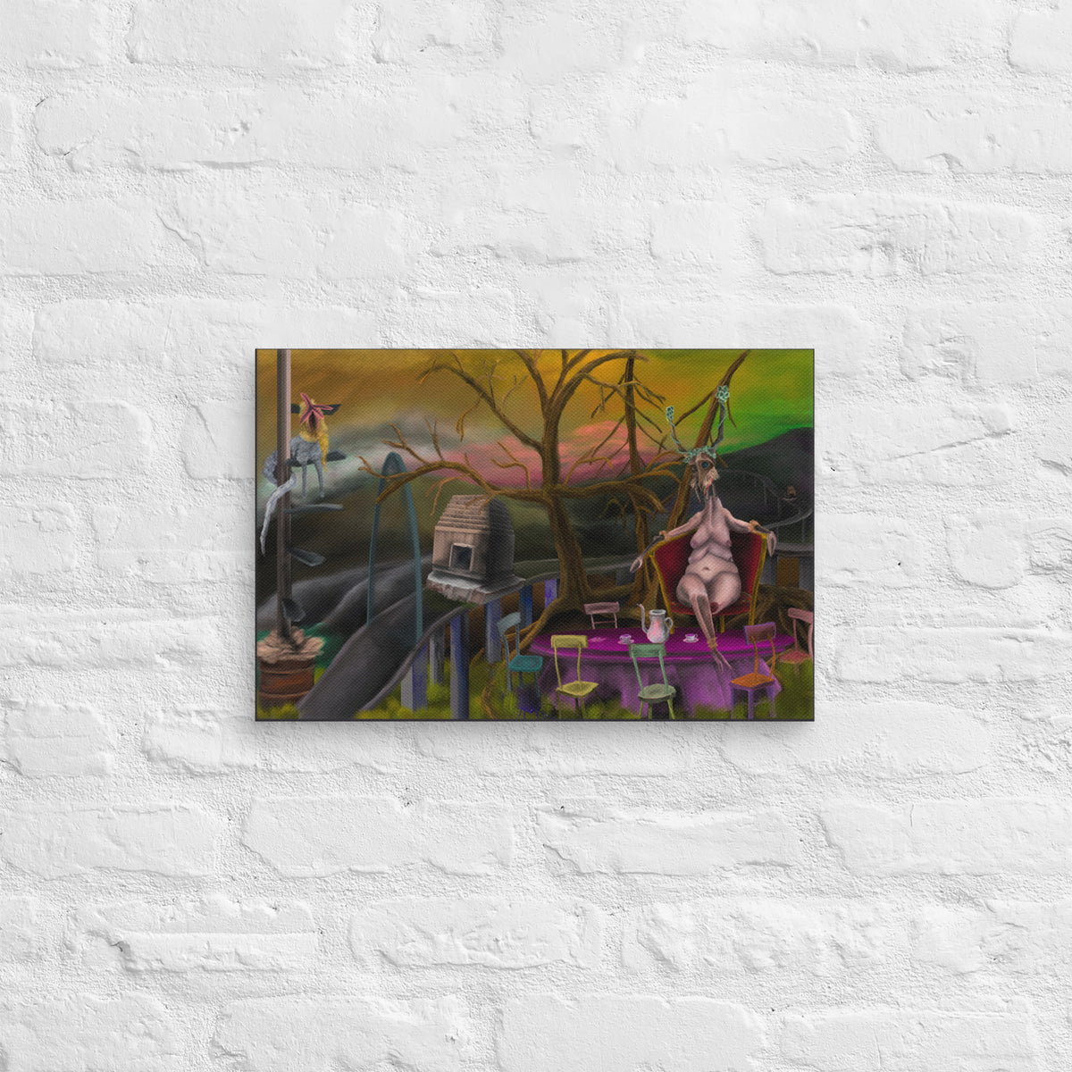 Deer Dra’s Picnic canvas print leaning against a white wall on a light wood floor
