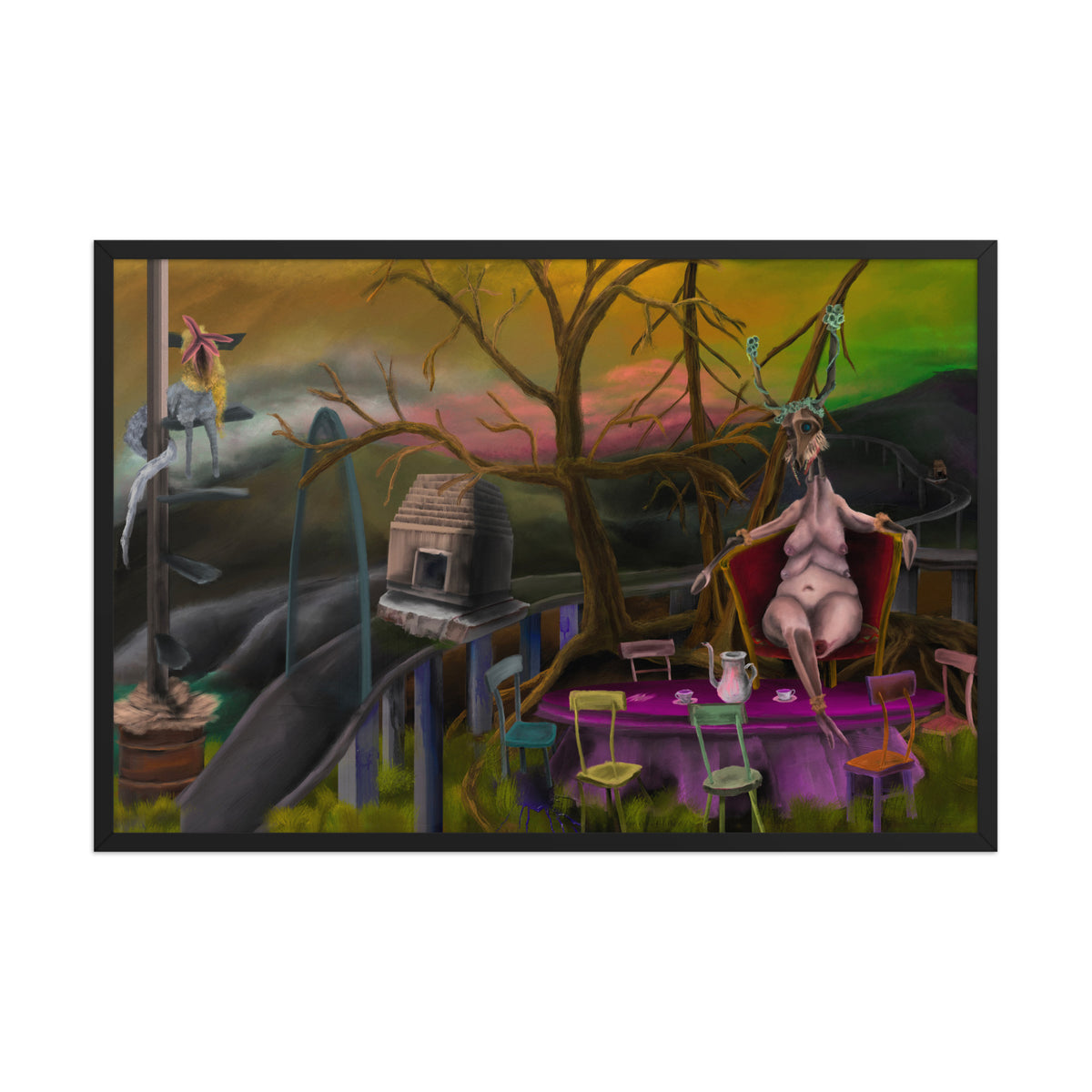 Deer Dra’s Picnic framed luster print in a black frame, shown straight on against a plain background