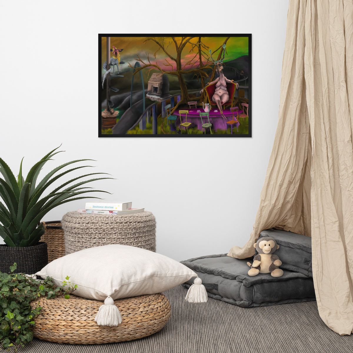Deer Dra’s Picnic framed luster print hanging above a floor cushion and potted plant with a curtain at the edge of the frame